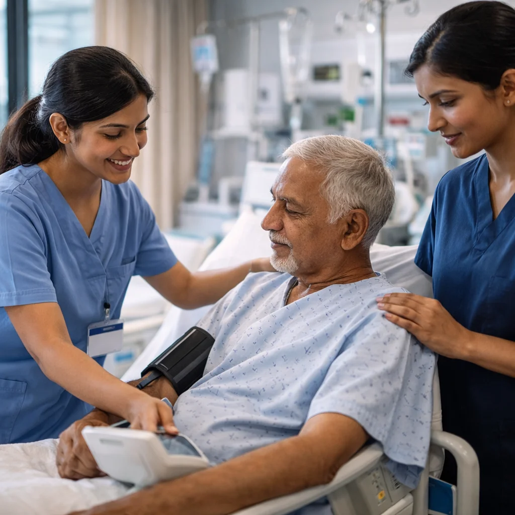 Healthcare assistants caring for an elderly patient in a hospital setting while monitoring vital signs and providing bedside support