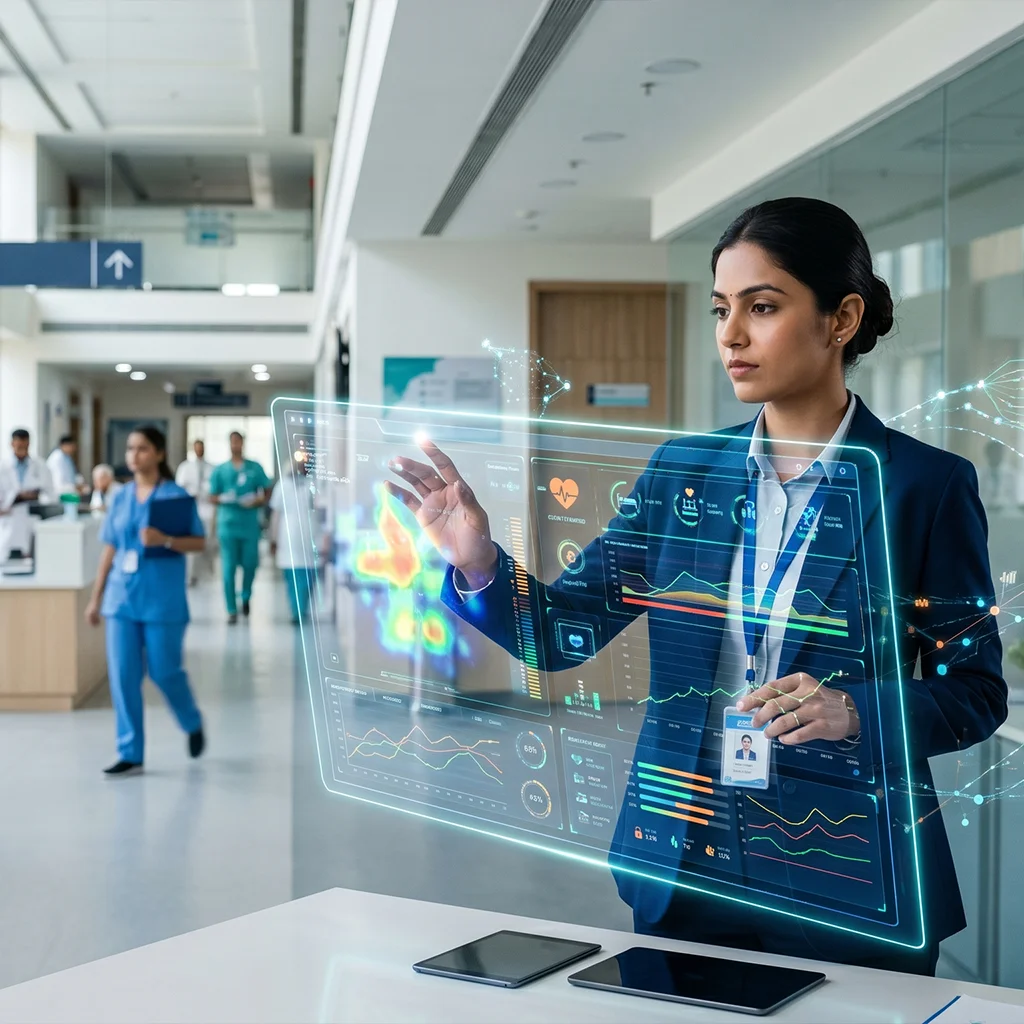 Hospital administrator using AI-powered digital dashboards for Hospital Administration with AI