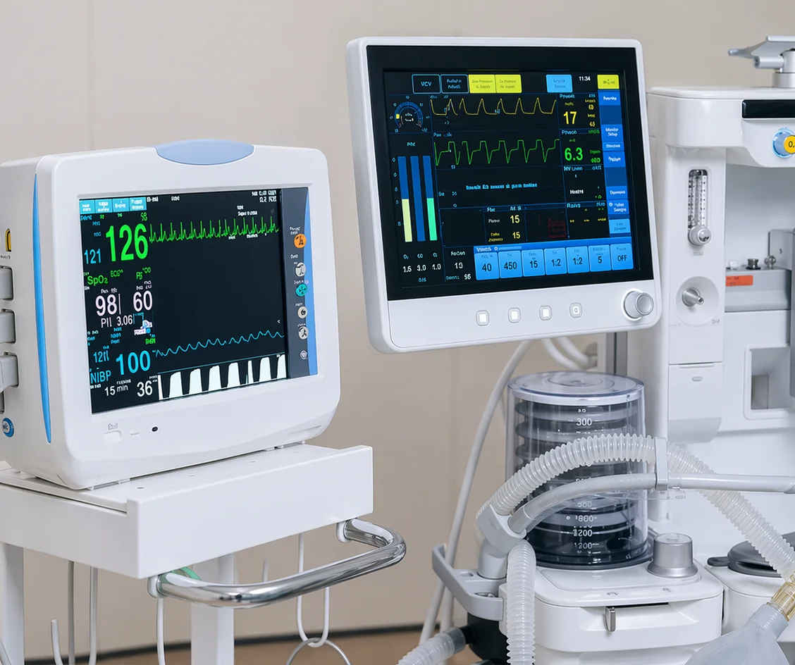 Advanced medical monitoring and anesthesia equipment used in hospitals and critical care settings for patient monitoring and life support
