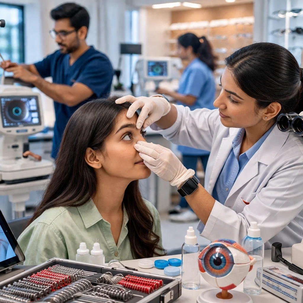 Ophthalmic lens technician performing an eye examination and contact lens fitting for a patient in a modern clinical setting