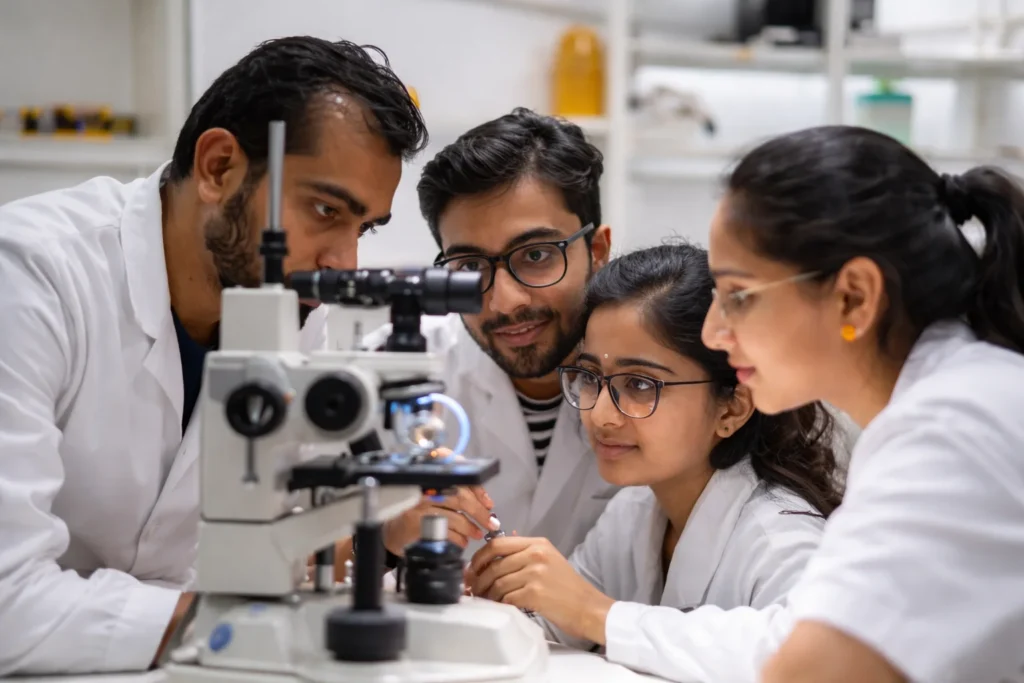 Medical and research students collaborating around a laboratory microscope during a practical clinical training session