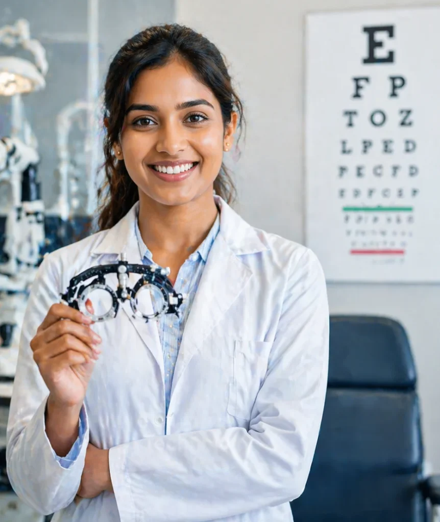 Smiling optometry professional holding a trial lens frame inside a modern eye examination clinic with vision testing equipment