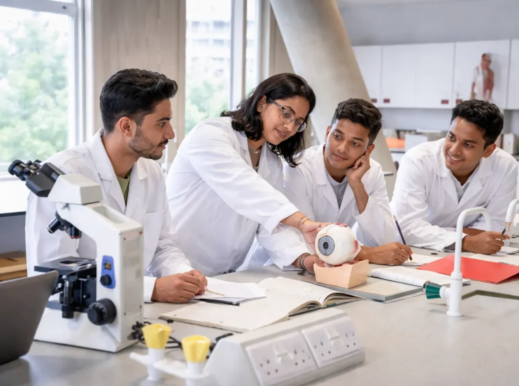 Medical educator teaching students using an anatomical eye model during a practical ophthalmology and vision science classroom session