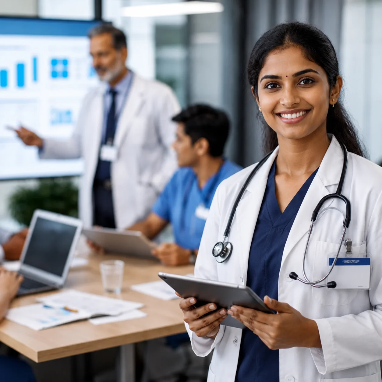 Young healthcare professional holding a tablet during a hospital administration meeting with medical staff in the background