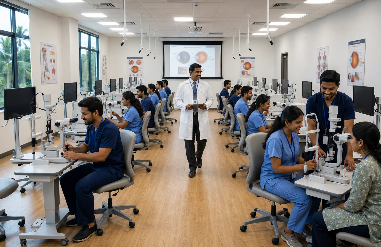 Students practicing clinical eye care training at Alsalama Education laboratory