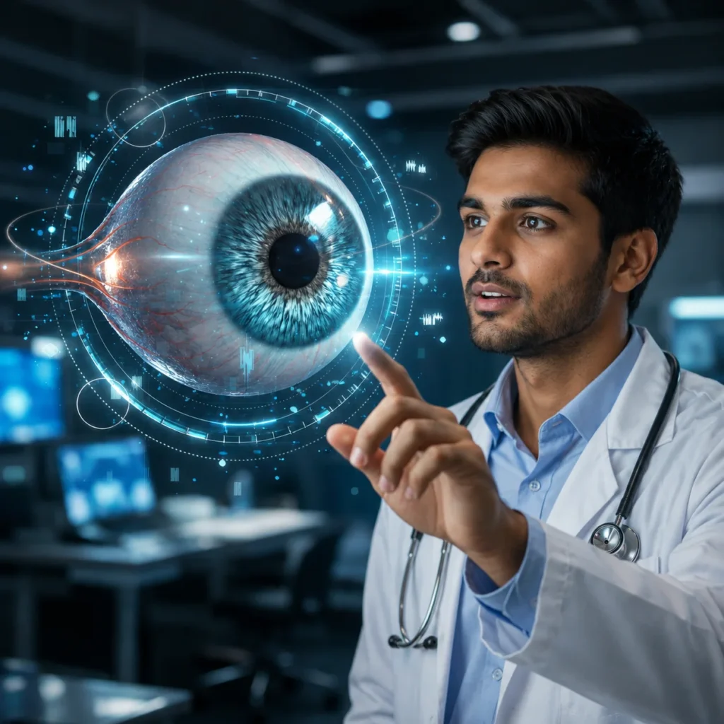 Young ophthalmologist interacting with a futuristic digital eye model representing advanced eye care technology and innovation