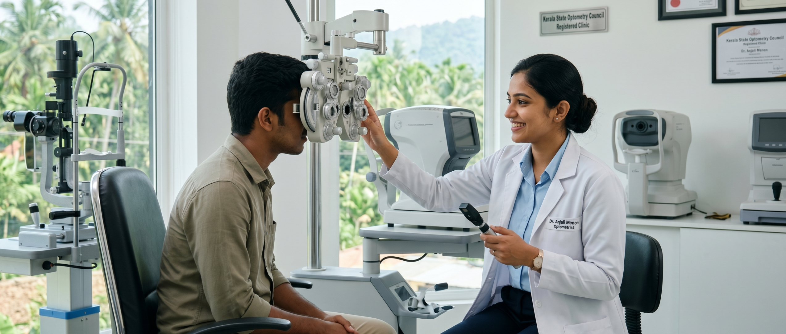 A female optometrist examining a male patient's eyes using a phoropter in a modern eye clinic in Kerala.