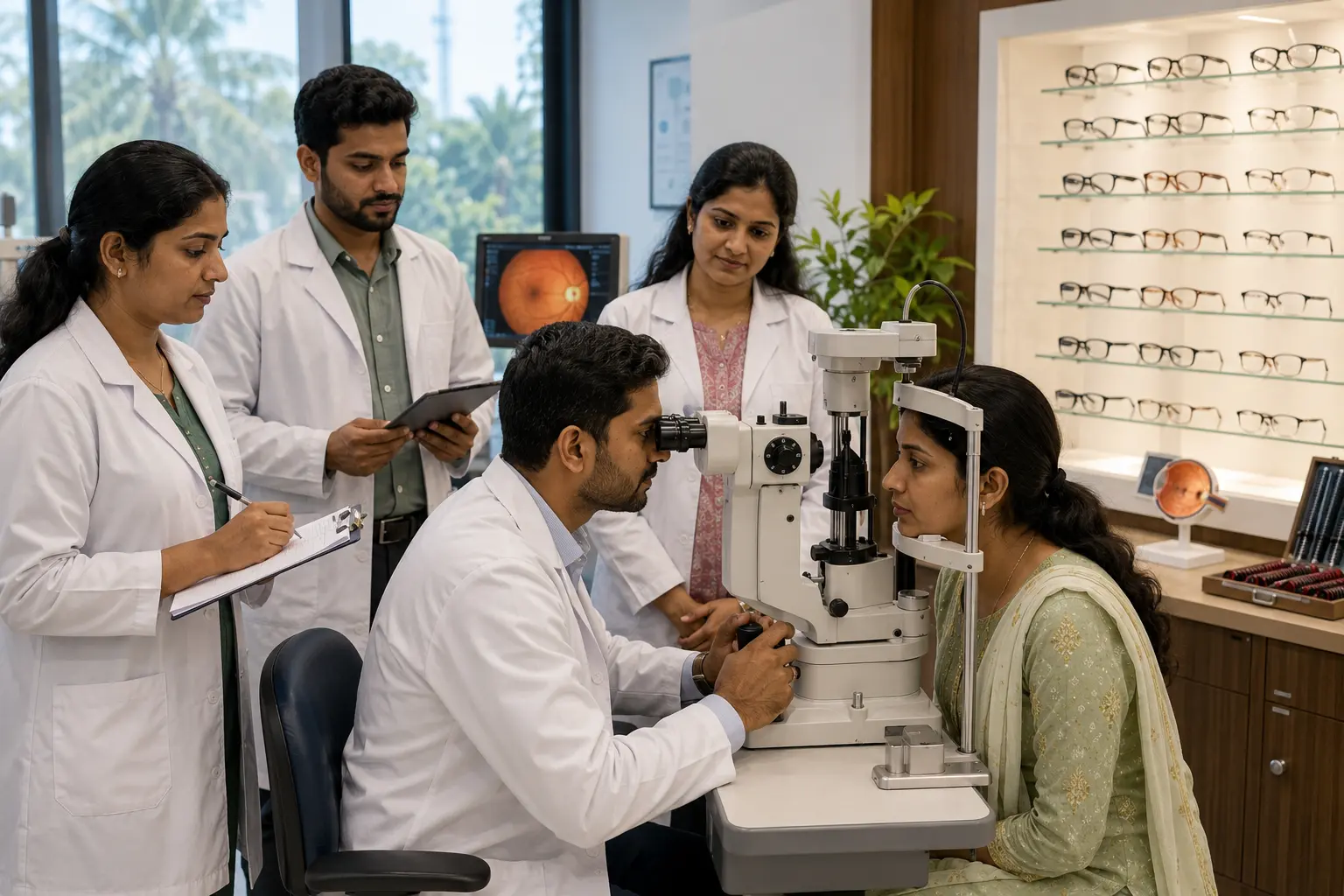 Indian optometry students and professionals during hands-on hospital-based clinical eye training in a modern Kerala-style optometry clinic.