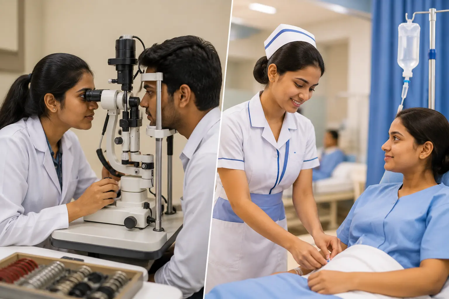 Comparison of BSc Optometry vs BSc Nursing showing an Indian optometry student performing an eye examination and a nursing student providing bedside patient care during clinical training.