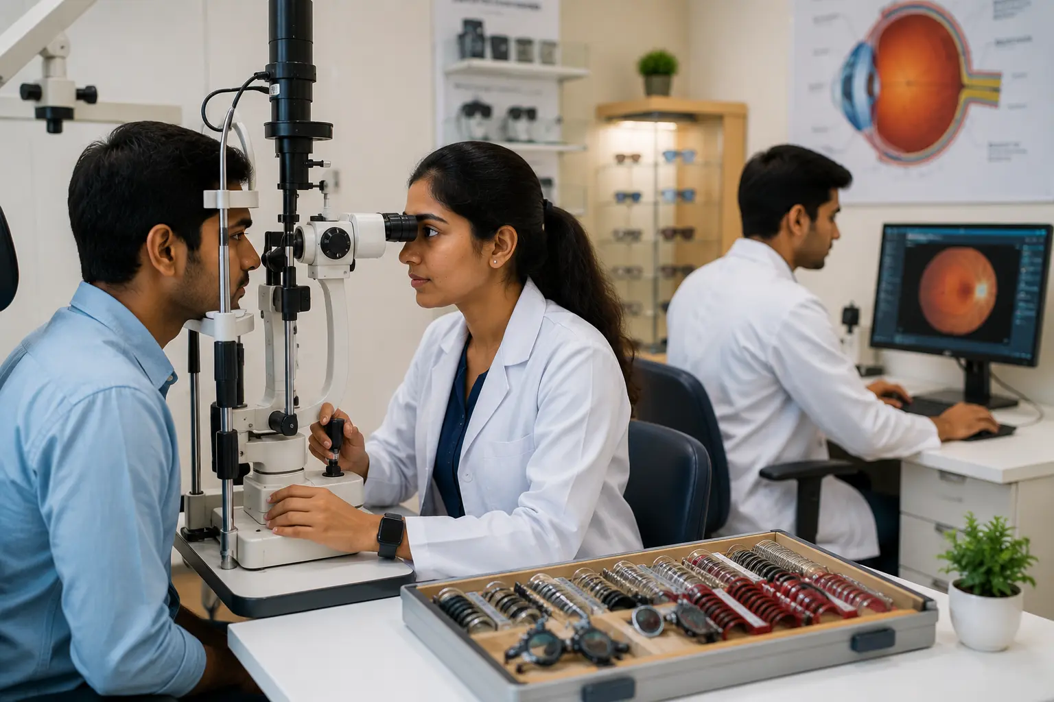 Optometrist examining a patient during an eye test, highlighting optometrist salary in Kerala, career scope, and clinical training at Alsalama Institute of Advanced Studies (ASIAS).