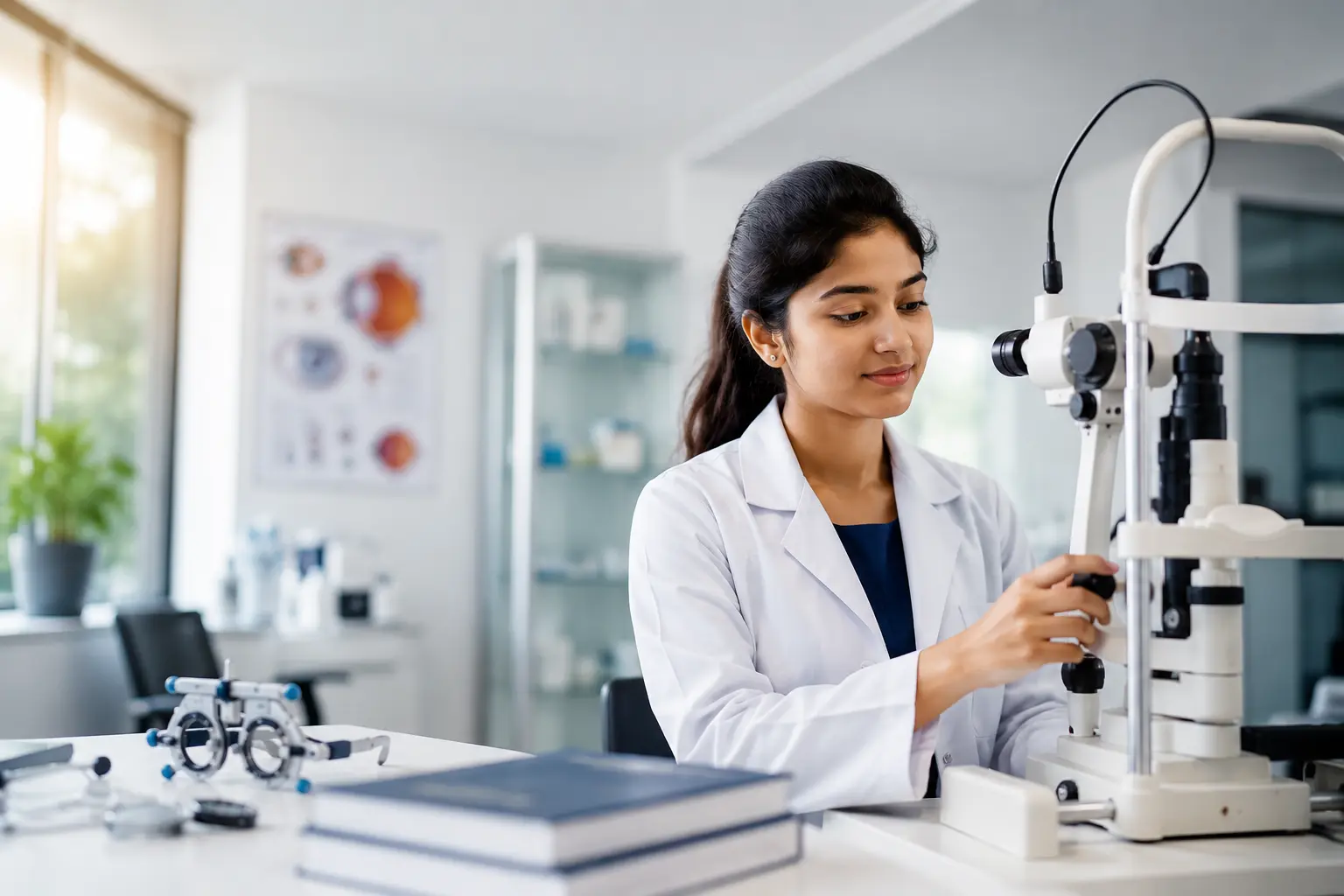 BSc Optometry student performing an eye examination using a slit lamp in a modern optometry laboratory for BSc Optometry Admission 2026.