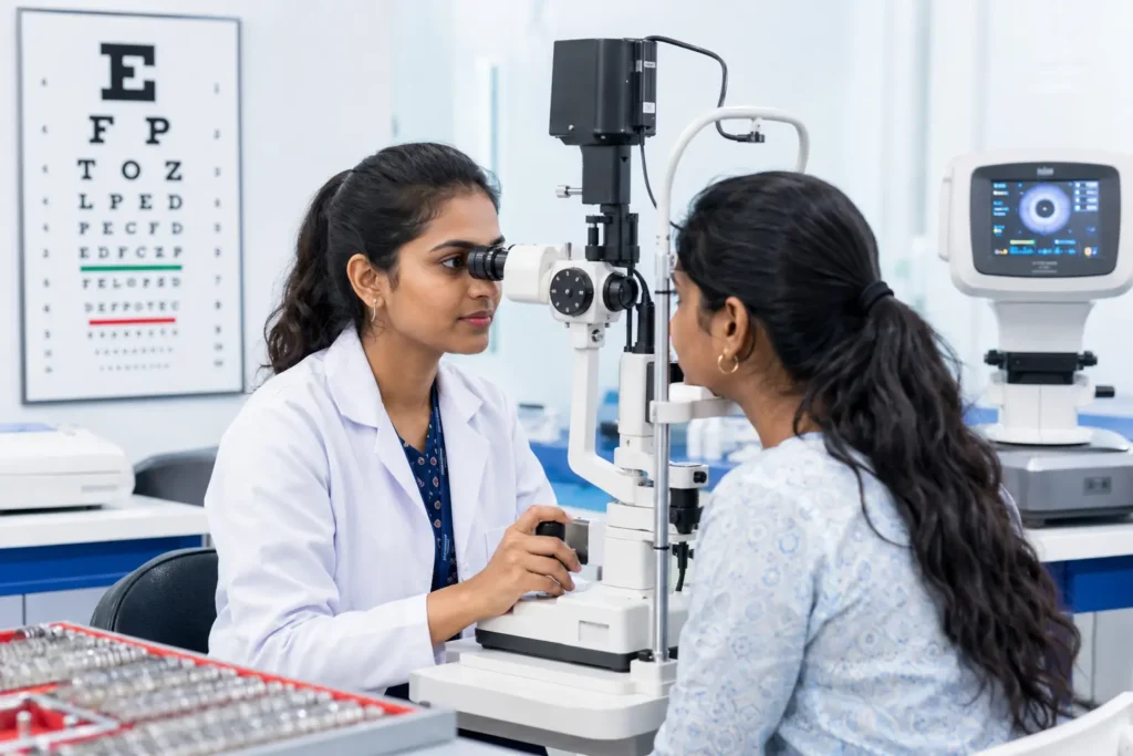 BSc Optometry Study: Student Using Slit Lamp for Eye Examination in Modern Optical Laboratory